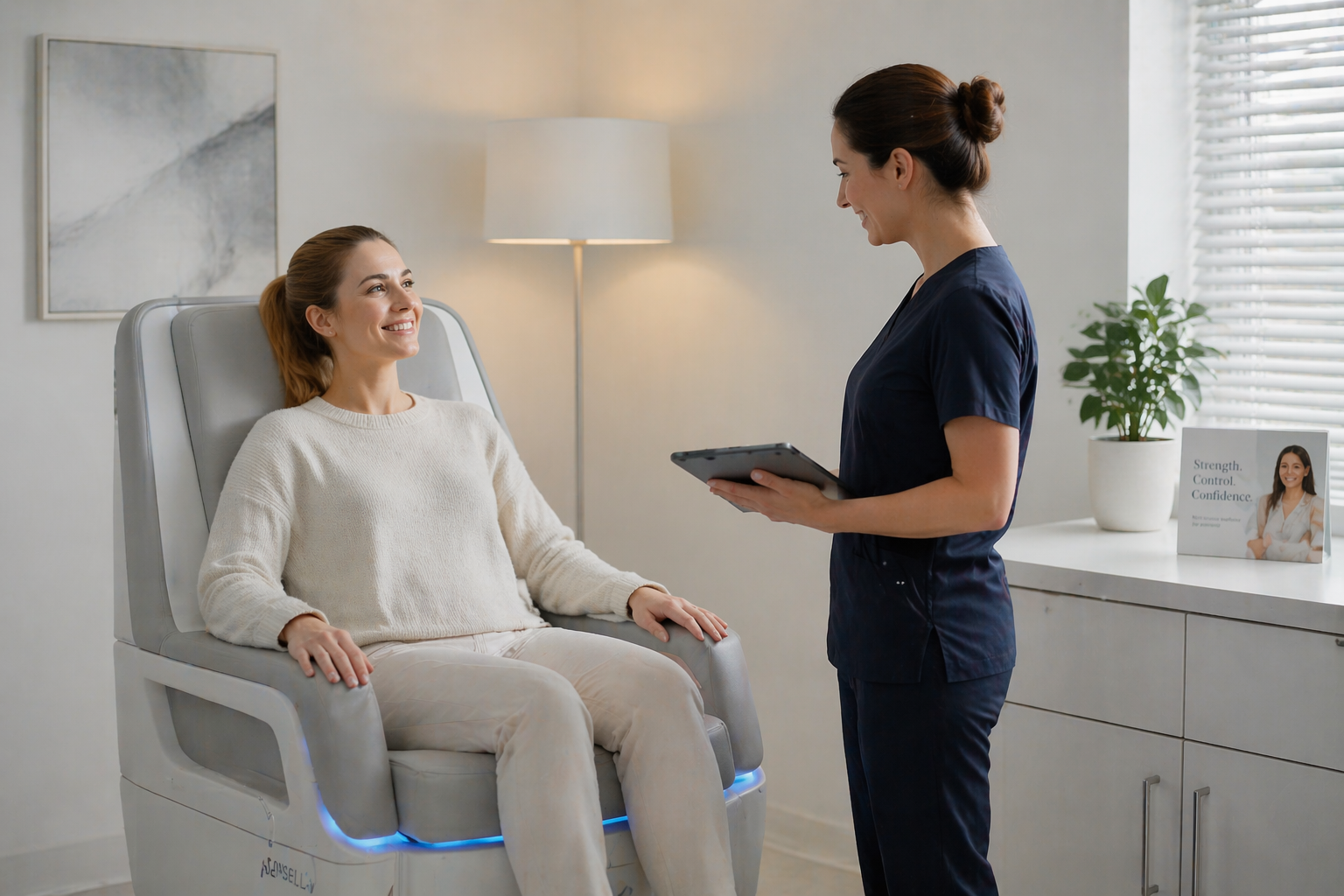 A person sitting comfortably in a modern, softly lit clinic room. The atmosphere is calm and welcoming, designed to put patients at ease.
